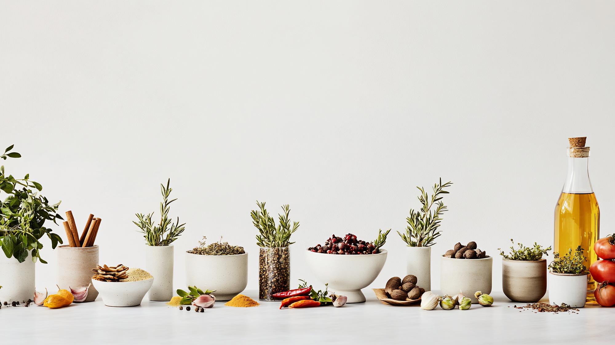 Close-up of local produce and spices on a wooden counter
